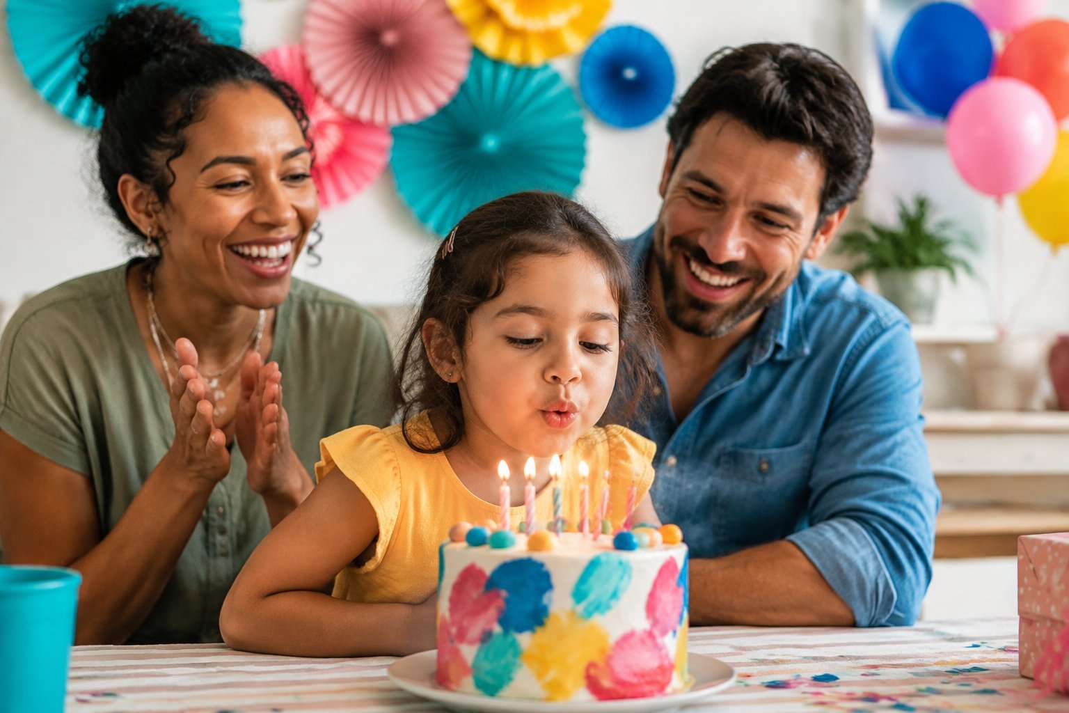 Criança soprando velas enquanto a família comemora um aniversário colorido