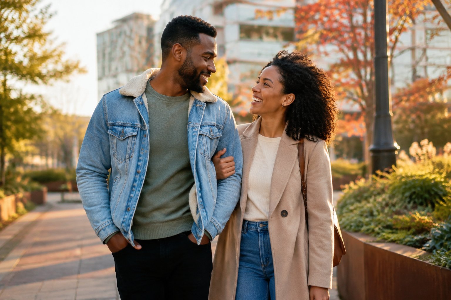 Casal sorrindo e caminhando em um parque urbano ao entardecer