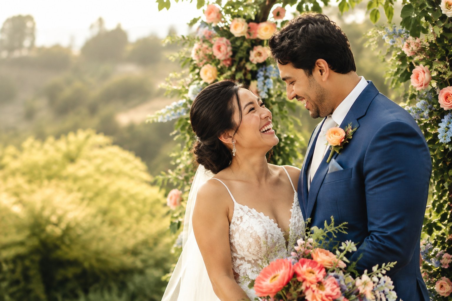 Casal recém-casado sorrindo em um jardim com flores coloridas
