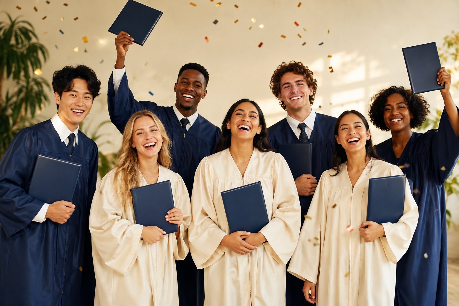 Grupo diverso de formandos celebrando juntos em um estúdio iluminado
